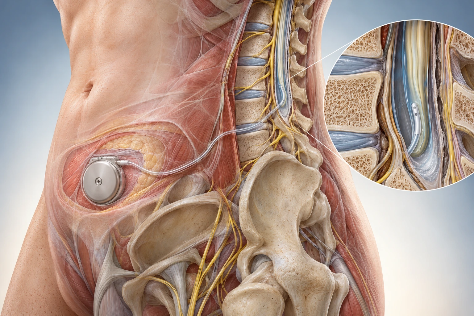 Ilustração conceitual de reservatório implantável, cateter e canal vertebral.